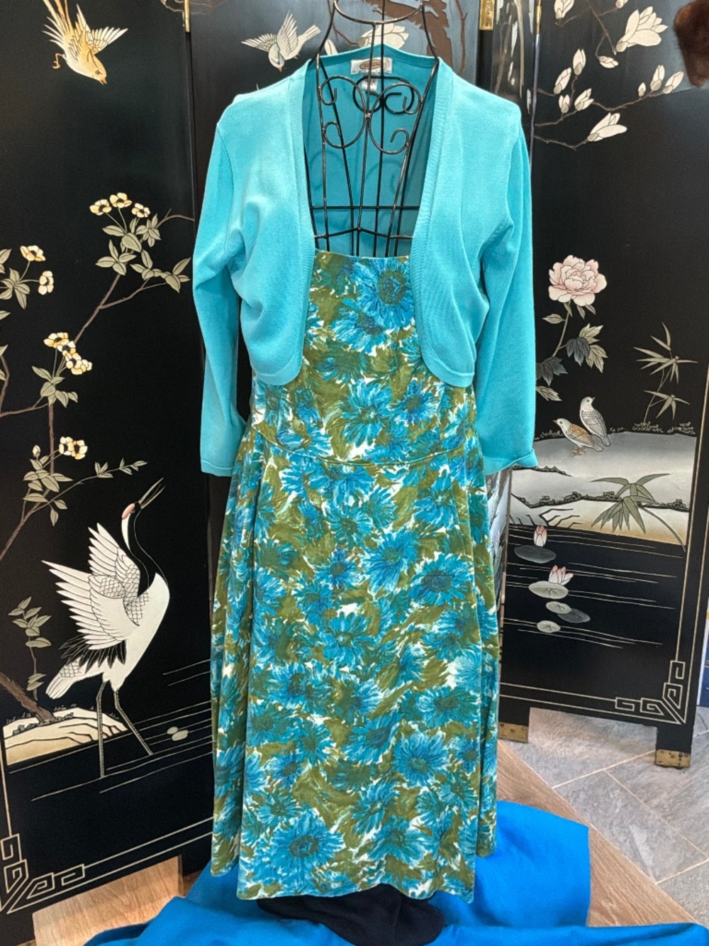 albots Petites 2-Piece Set: Floral Sun Dress & Turquoise Silk Shrug Size 12P